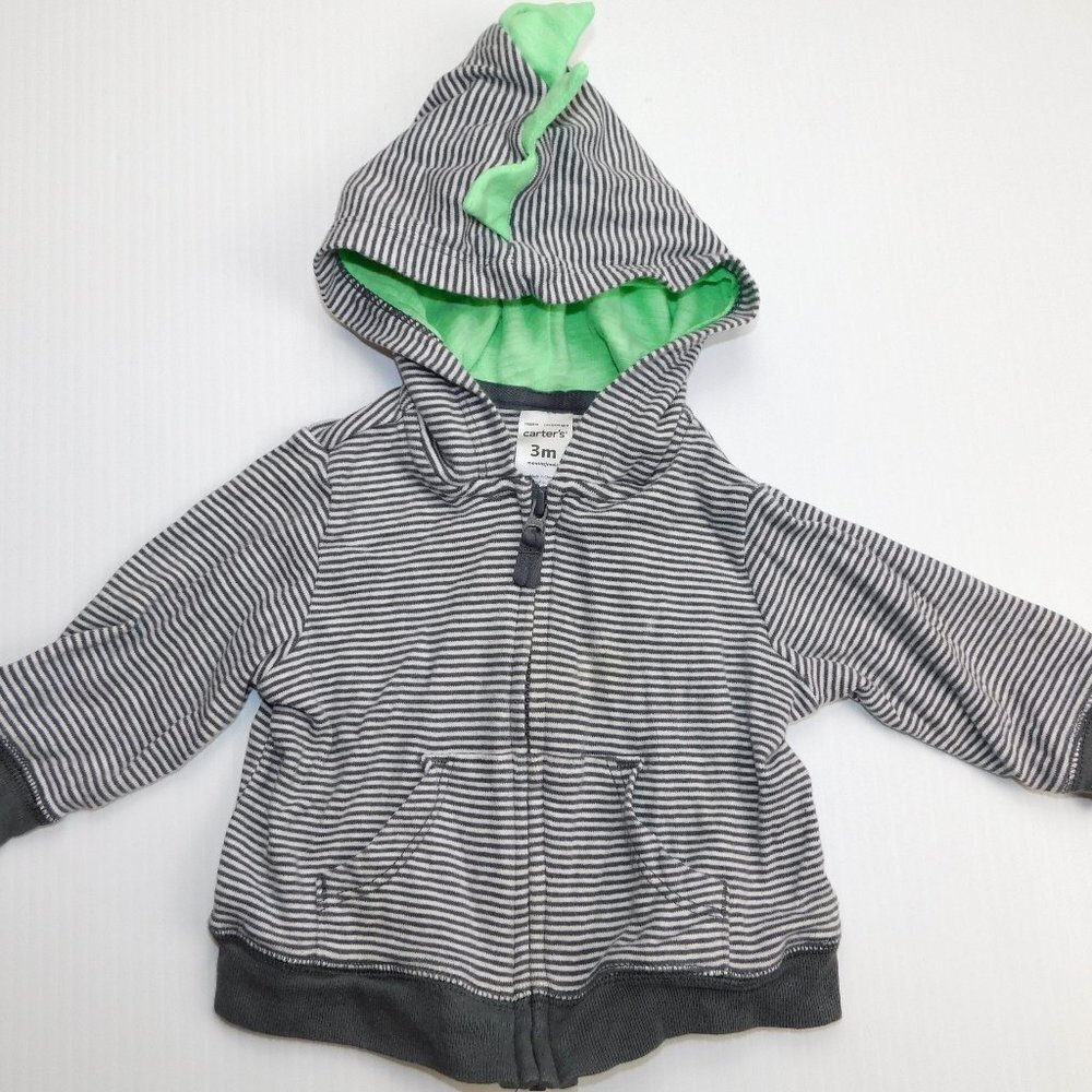 Carter's Baby Dinosaur Dragon Striped Full Zip Hoodie 3M 3 Months Gray White